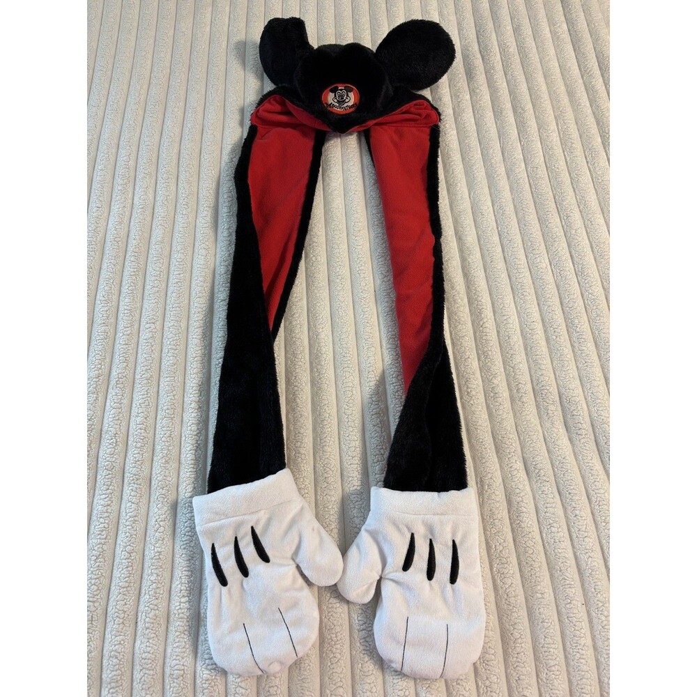 Vintage Disney Parks Mickey Mouseketeers Hat Glove Adult Black Red Faux Fur